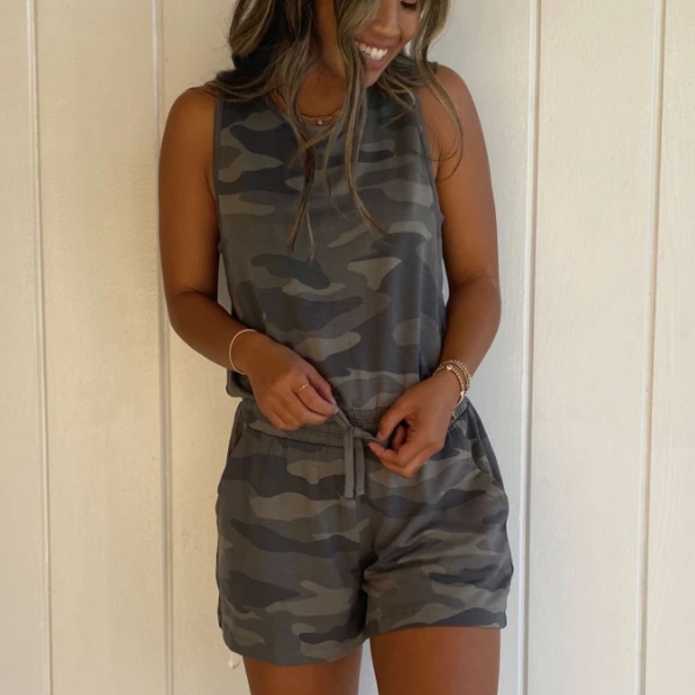 Splendid Supersoft Terry Tank Romper Vintage Olive Camo